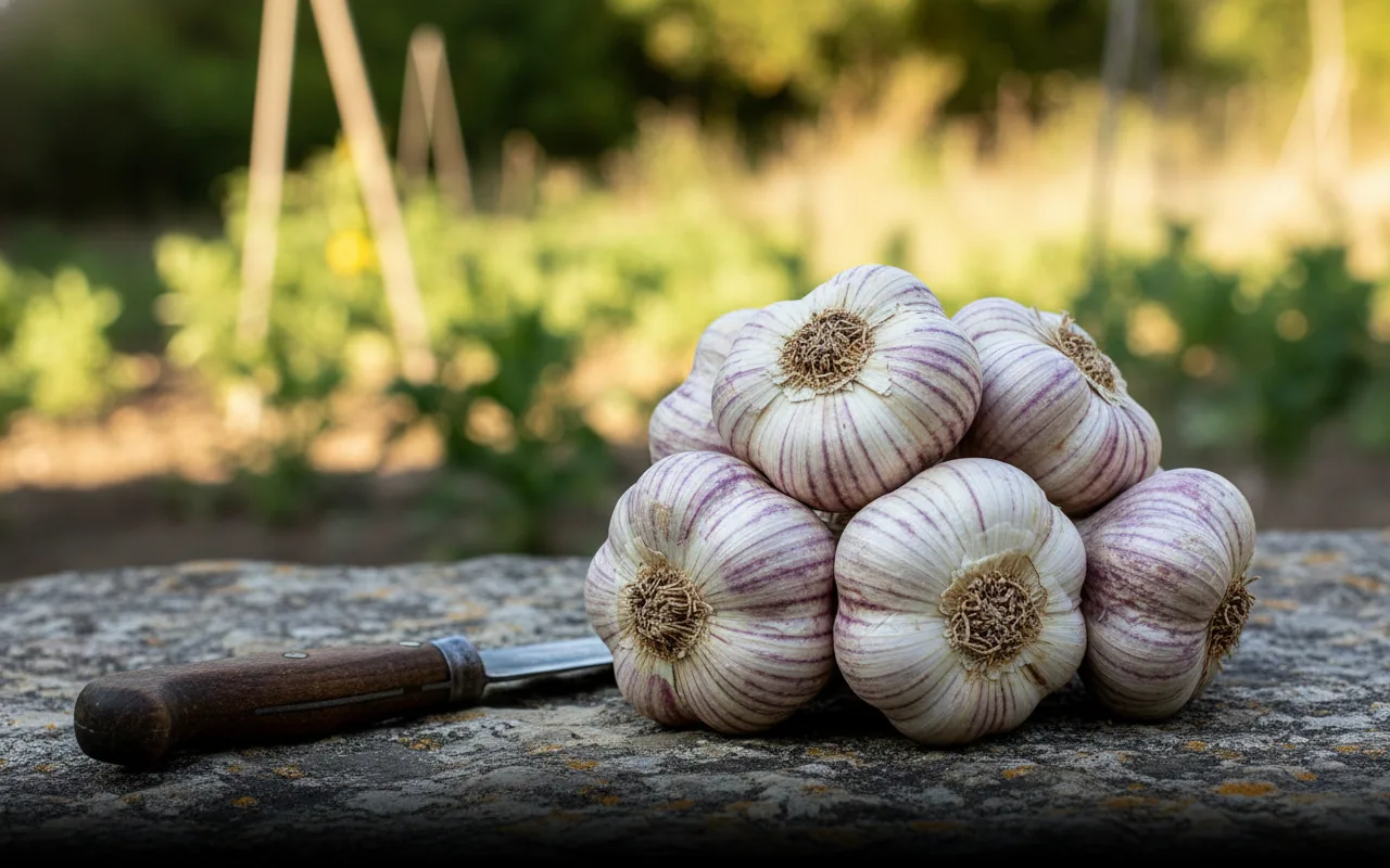 Ail violet de Cadours — illustration générée par IA