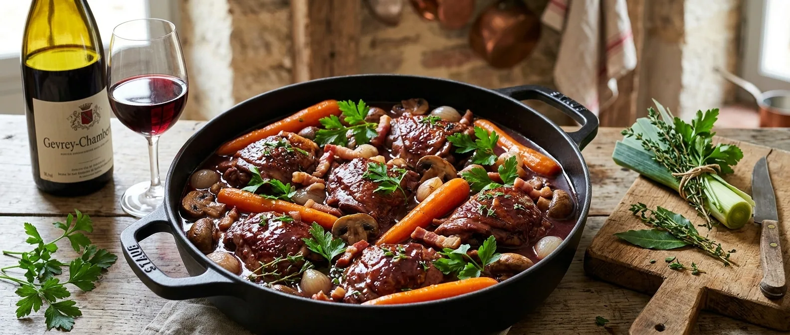 Coq au vin — illustration générée par IA