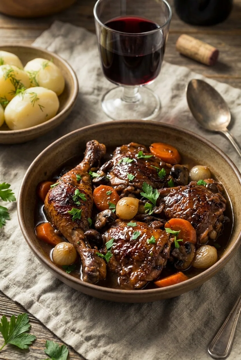 Coq au vin — illustration générée par IA