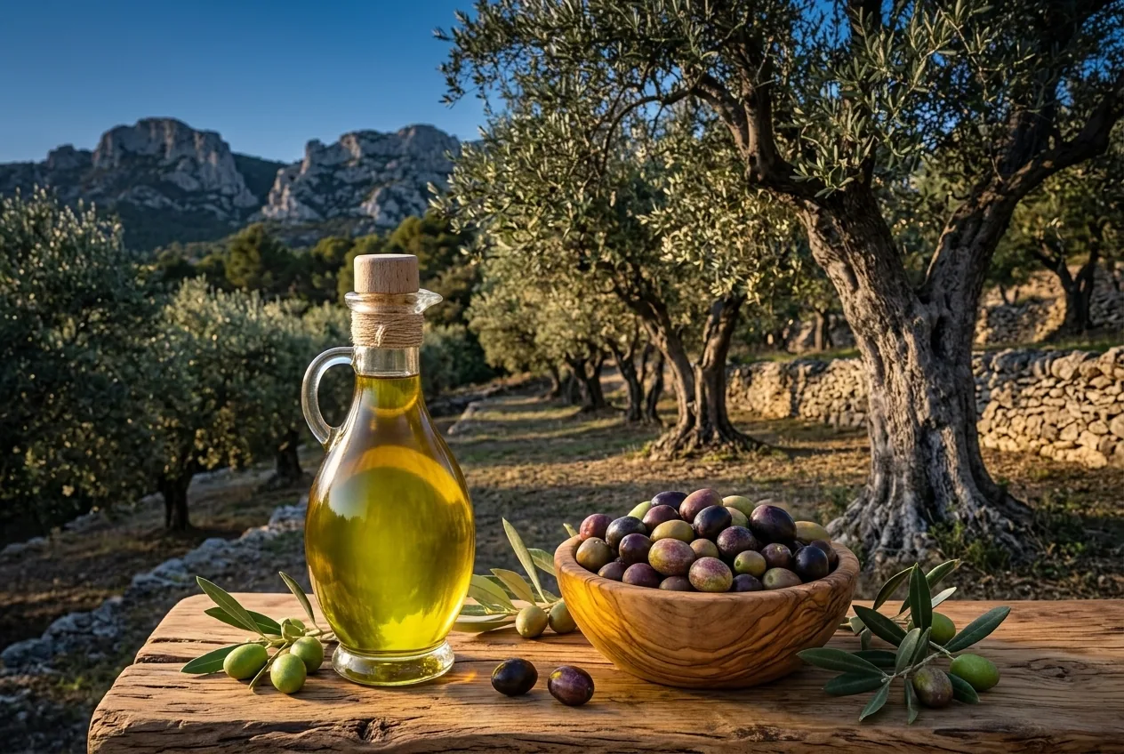 Huile d'olive de la Vallée des Baux-de-Provence — illustration générée par IA
